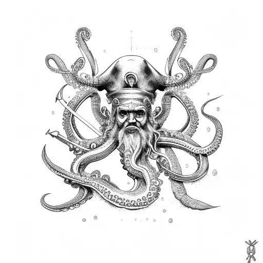Poseidon with octopus and pirate ship  tattoo design idea