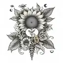 spine tattoo with sunflower with the stem saying I love you mom with moon and sun incorporated and mushrooms Minimalist  tattoo design idea