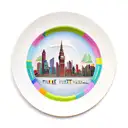 A colorful new-school tattoo of a plate of delicious food with travel landmarks in the background, inspired by the client's interests tattoo design idea