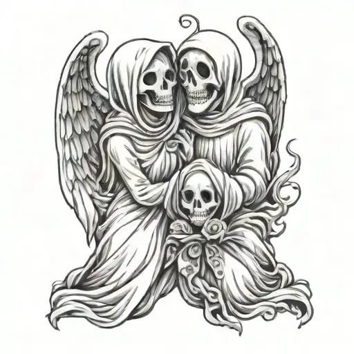 A family of ghosts in a romantic embrace, representing eternal love beyond the grave tattoo design idea