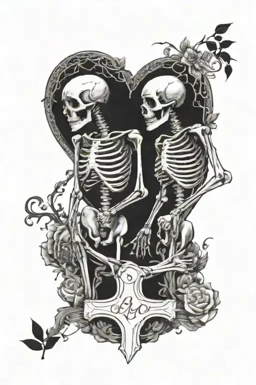 A romantic scene of two skeletons holding hands in a graveyard, symbolizing everlasting love tattoo design idea