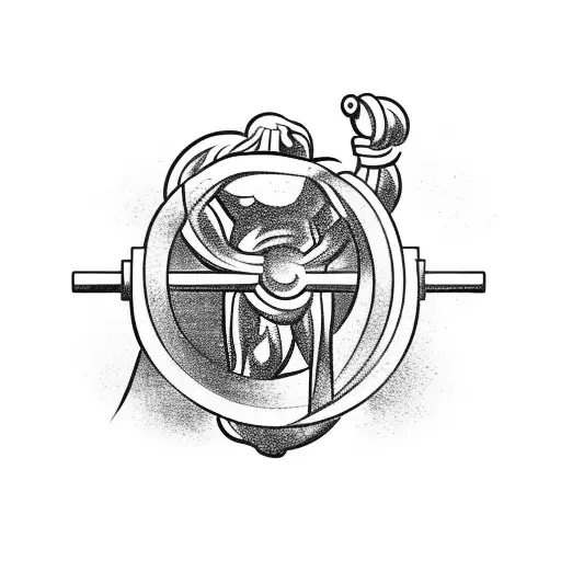 A muscular Greek god holding a barbell with the Olympic rings in the background tattoo design idea