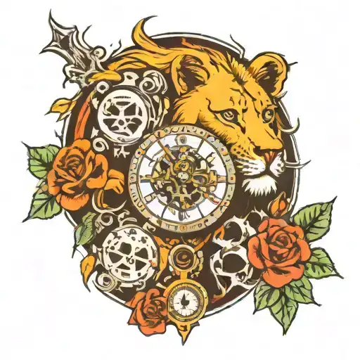 skulls, cross, watch, trees, lion tattoo design idea