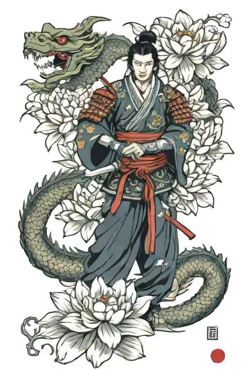 Samurai Warrior with a dragon friend surrounded by lotus flowers tattoo design idea