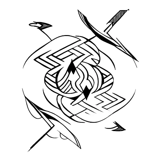 an arrow crossing 3 circles containing a wave, the symbol of ying yang and the earth tattoo design idea