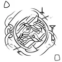 an arrow crossing 3 circles containing a wave, the symbol of ying yang and the earth tattoo design idea