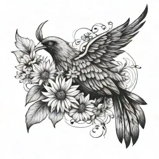small minimalistic black and white phoenix with wild flowers around it on the collarbone tattoo design idea