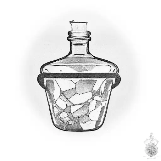 a simple tattoo of potion bottle with a crack fixed by kintsugi, the topper is wrapper with some yarn leading down to th tattoo design idea