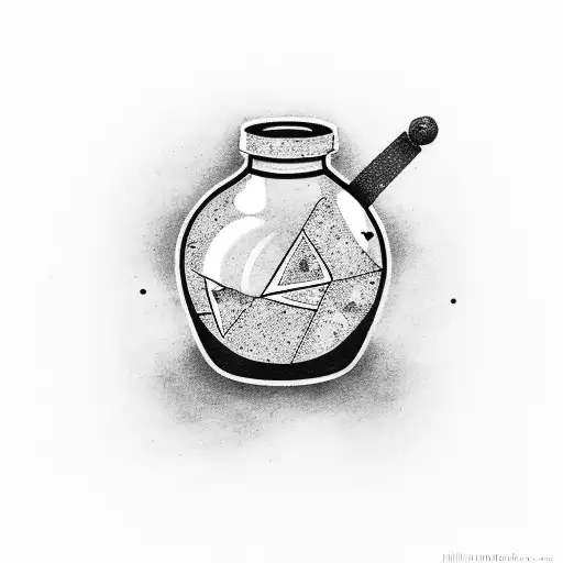 a simple tattoo of potion bottle with a crack fixed by kintsugi, the topper is wrapper with some yarn leading down to th tattoo design idea