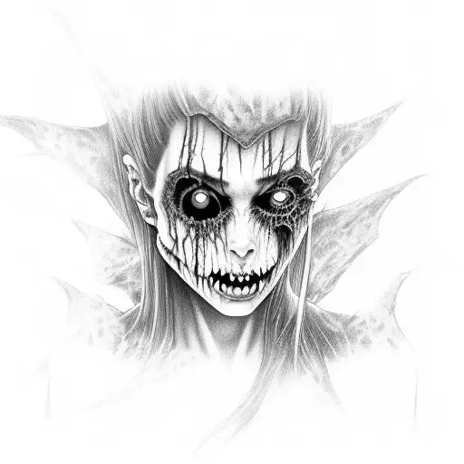 scary horror girl, evil, realistic  tattoo design idea