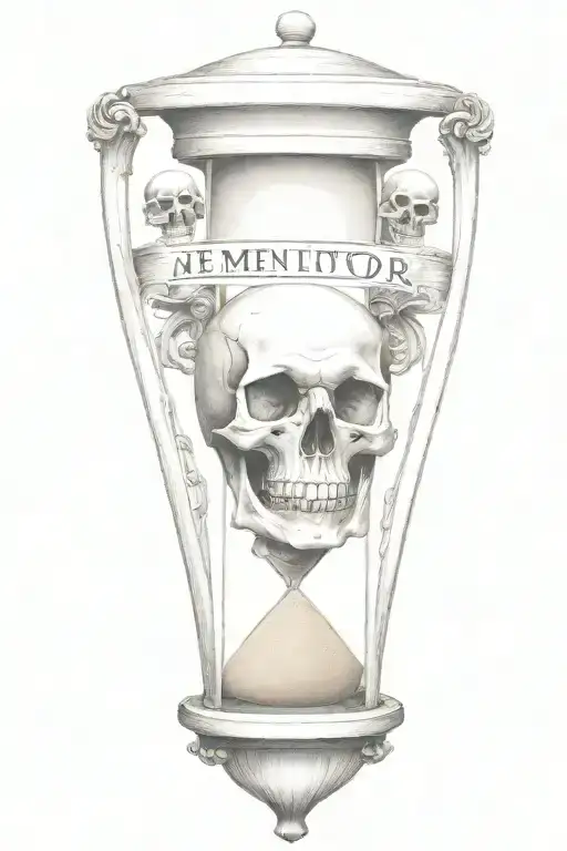 Quote "memento Mori" sand hourglass and skull tattoo design idea