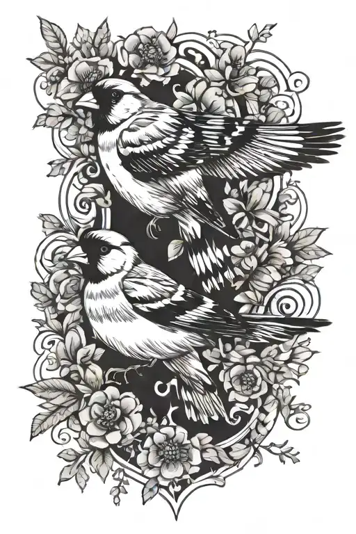 a male goldfinch and a female goldfinch flying together tattoo design idea