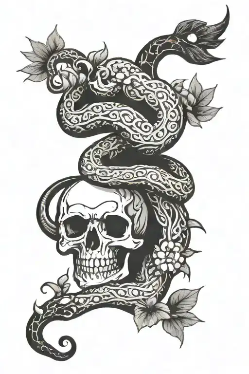 Skull snake coiled flowers sun and moon surrounded tattoo design idea