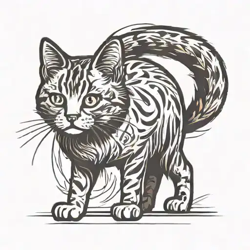 minimalist tabby cat facing forward and standing, bushy tail tattoo design idea