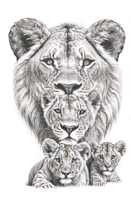 mama lion and boy cubs face only tattoo design idea