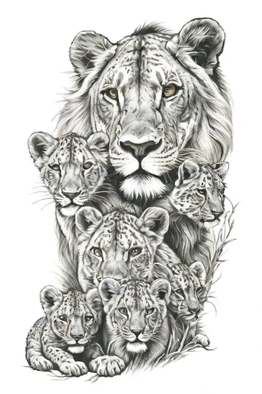 mama lion and 3 boy cubs face only tattoo design idea