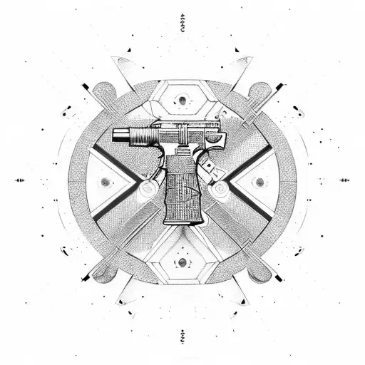 Create a futuristic Uzi gun design with geometric patterns and shapes tattoo design idea