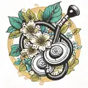 A realistic medical stethoscope intertwined with blooming flowers tattoo design idea