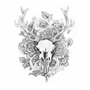 Elk Skull with vines flowers mushrooms tattoo design idea