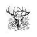 Elk Skull with vines flowers mushrooms tattoo design idea