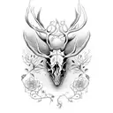 Elk Skull with vines flowers mushrooms tattoo design idea
