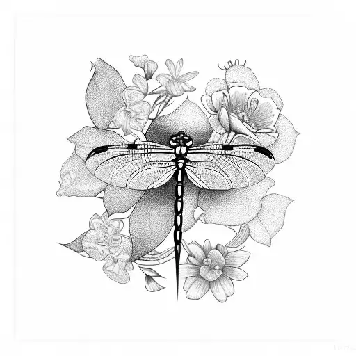 dragonfly with flowers tattoo design idea