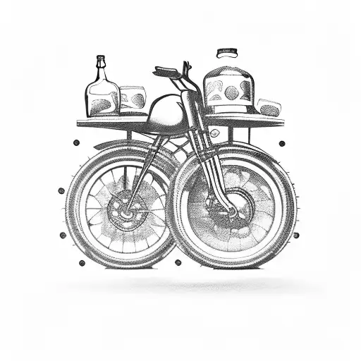 A motorbike wheel with beer bottles and whisky glasses as spokes tattoo design idea