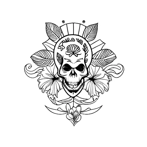 A tropical-themed tattoo featuring a skull adorned with vibrant flowers and palm leaves, symbolizing the client's favorite things: skulls and tropical aesthetics. tattoo design idea