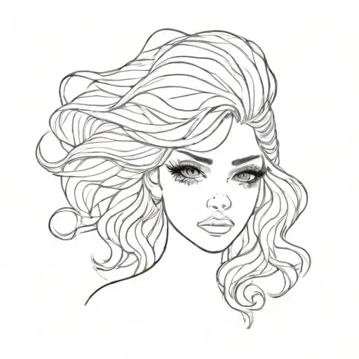 pretty minimal girl simplistic black and white tattoo of girl with wavy hair big pretty eyes not realistic except the ey tattoo design idea