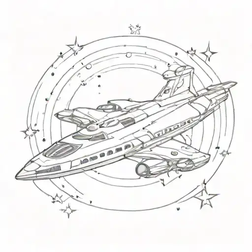 A minimalist outline of the Starship Enterprise with stars around it tattoo design idea