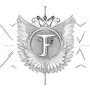 The letters "F" and "J" in the middle of wings. with a crown on top. Add some flowers tattoo design idea