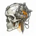 robotic skull with wires hanging  and black smoke coming off the skull tattoo design idea