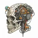 robotic skull with wires hanging  and black smoke coming off the skull tattoo design idea