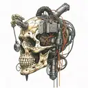 robotic skull with wires hanging  and black smoke coming off the skull tattoo design idea