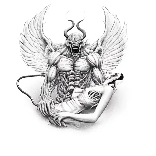 A demon with a toothache being comforted by an angelic dentist tattoo design idea