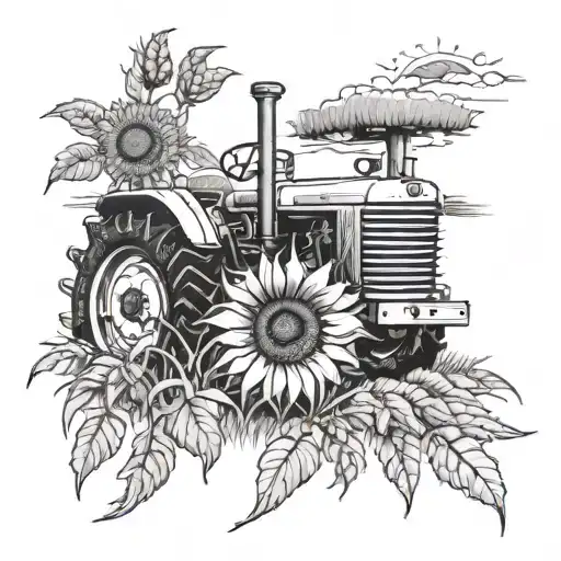 Combine elements of a tractor, sunflower, and wheat field into a cohesive design tattoo design idea