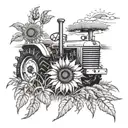 Combine elements of a tractor, sunflower, and wheat field into a cohesive design tattoo design idea