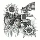 Combine elements of a tractor, sunflower, and wheat field into a cohesive design tattoo design idea