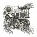 Combine elements of a tractor, sunflower, and wheat field into a cohesive design tattoo design idea