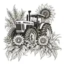 Combine elements of a tractor, sunflower, and wheat field into a cohesive design tattoo design idea