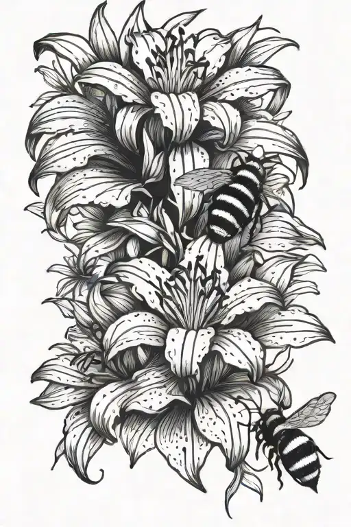 Two lily flower with two bumble bee tattoo design idea