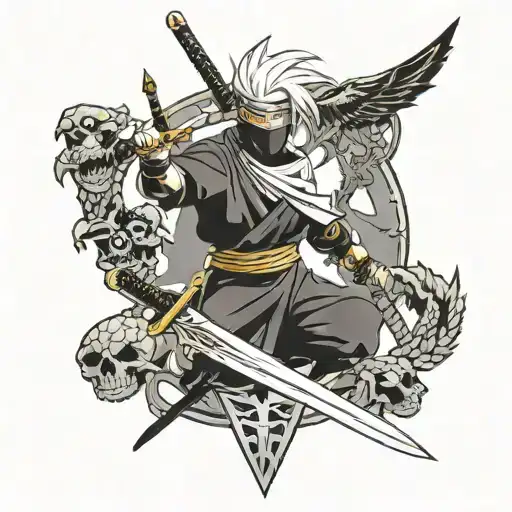 Ninja and sword and dragon and skull and eagle tattoo design idea