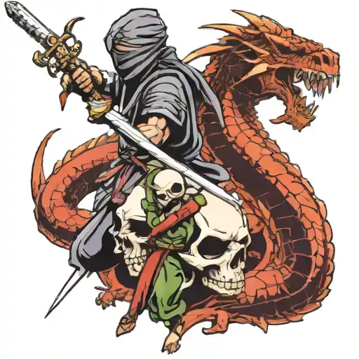 Ninja and sword next to the dragon and next to the skull tattoo design idea