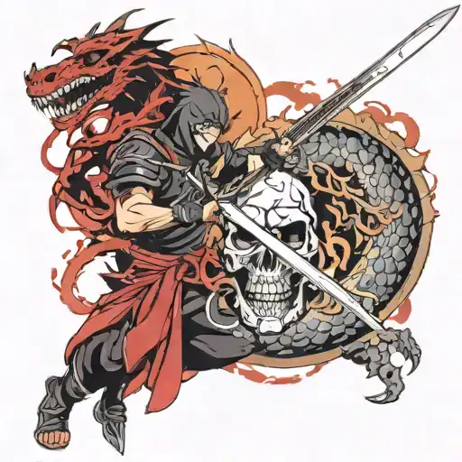 Ninja and sword and dragon and skull tattoo design idea