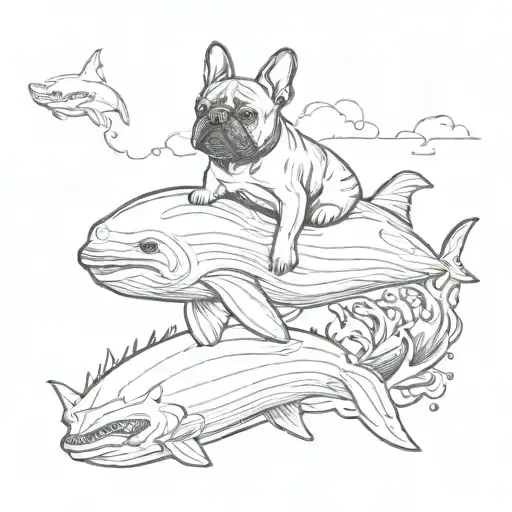 french Bulldog riding on an Orca whale tattoo design idea