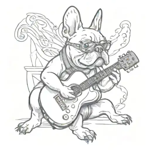 french Bulldog playing guitar tattoo design idea