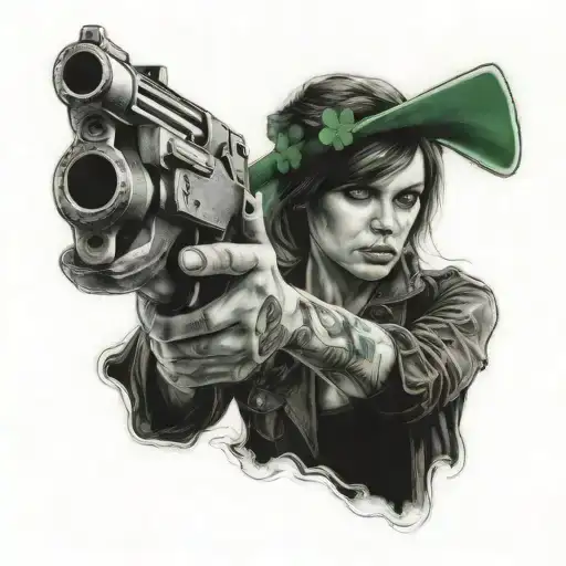 Girl with shamrock Holding pistol tattoo design idea