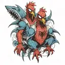 2 Chicken in a Spiderman costume with shark teeth tattoo design idea