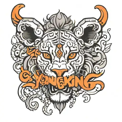 Young Simba with the word "Young King" written in Graffiti font colored orange and red like the fire. tattoo design idea