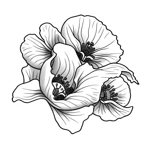 morning glory, poppy, and snowdrop flowers all in a small bunch thin and dainty tattoo design idea